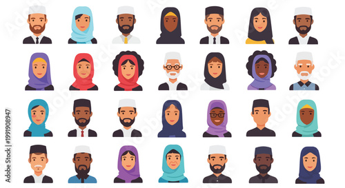 Muslim avatar collection, 28 diverse Islamic people icons in flat vector style, multicultural men and women wearing hijab and traditional headwear