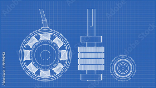 AC Servo Motor for CNC - Stepper Motor Drawing. 3D rendering isolated on blue background. 3D Mesh, Sketch, Vector style. Ideal for educational, engineering, and industrial design.