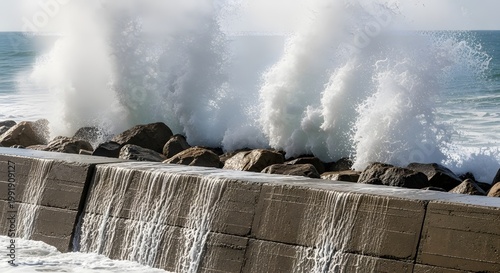 Large wave crashing on sea wall 1.