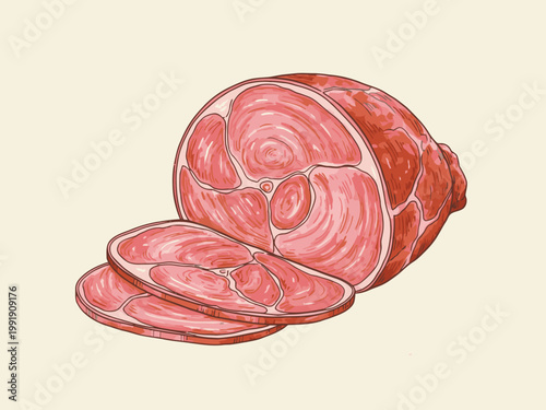 Sliced smoked ham watercolor illustration on white background