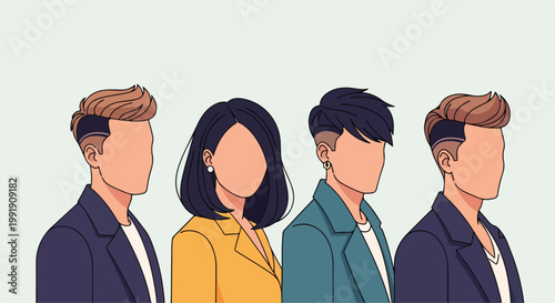 Modern faceless avatars of diverse business professionals, stylish corporate team characters in flat vector style, group of young entrepreneurs