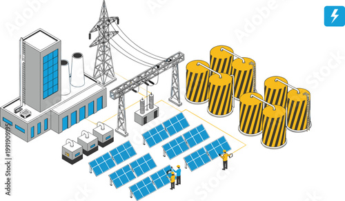 Isometric power plant and renewable energy station with solar panels, transformers, transmission tower and battery storage vector illustration