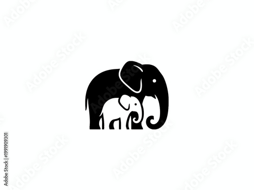 Elephant Mother and Calf Silhouette Negative Space Vector Icon