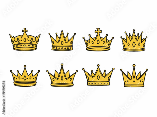 Golden crown icons set hand drawn doodle on white background