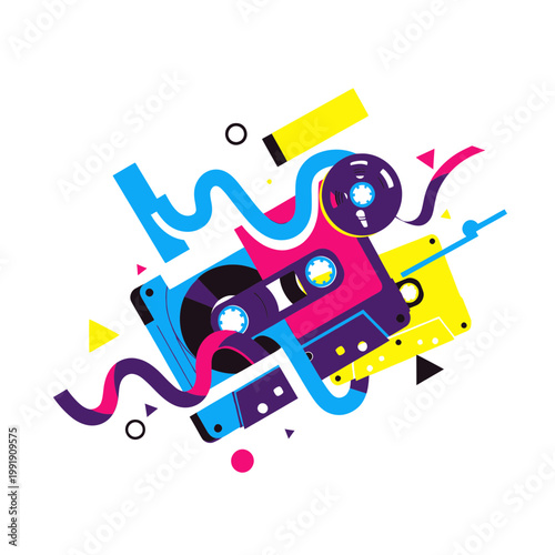 Retro Cassette Tape Explosion, 80s Style Music, Vibrant Abstract Design