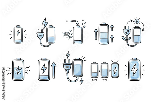 Hand Drawn Eco Battery Charge Icons – Sustainable Energy Doodle Set