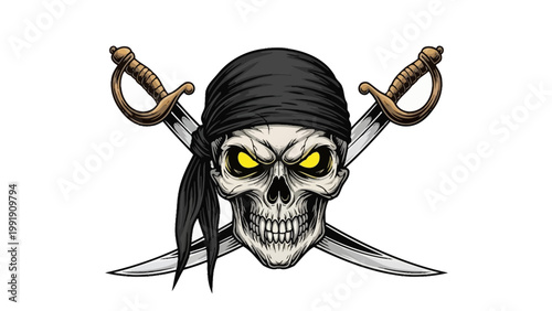Pirate skull illustration with crossed swords and black bandana on white background