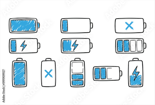 Hand Drawn Eco Battery Charge Icons – Sustainable Energy Doodle Set