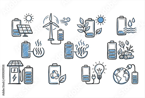 Hand Drawn Eco Battery Charge Icons – Sustainable Energy Doodle Set