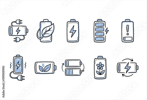 Hand Drawn Eco Battery Charge Icons – Sustainable Energy Doodle Set
