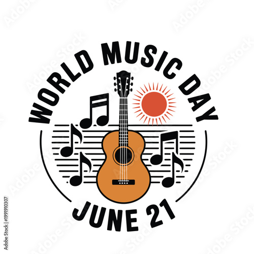 World Music Day June 21 Emblem with Acoustic Guitar, Sun, and Musical Notes on Staff Background