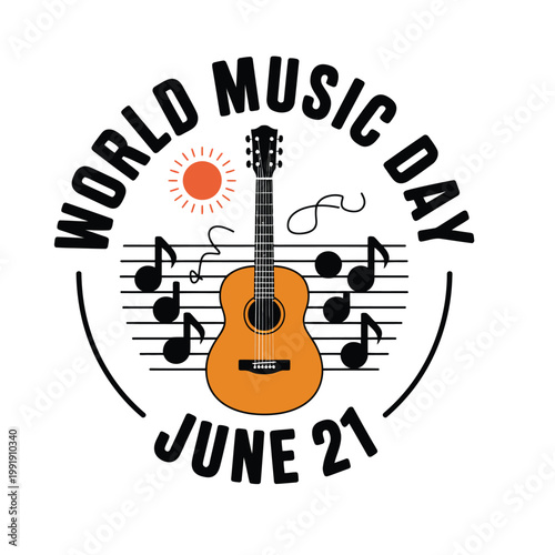 World Music Day June 21 Emblem with Acoustic Guitar, Sun, and Musical Notes on Staff Background
