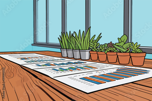 Charts and plants on a wooden table in a bright room during daylight hours