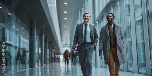 Two business advisors formal attire walking through modern office corridor exuding confidence