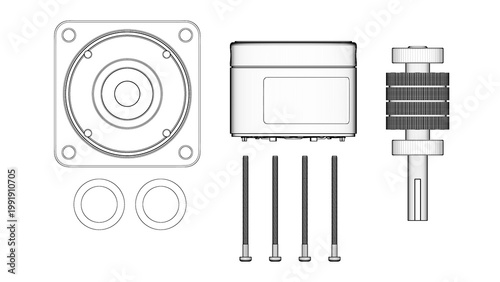 Industrial AC Servo Motor for CNC - Complete Disassembly - Drawing. 3D rendering isolated on white background. 3D Mesh, Sketch, Vector style. Ideal for educational, engineering, and industrial design.
