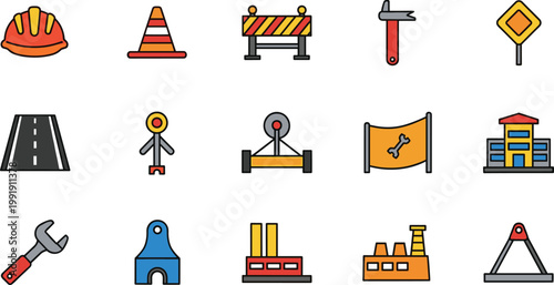 Construction Road Work Industry Icon Set Helmet Barrier Factory Tools