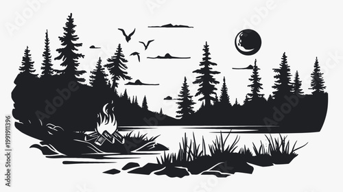 Silhouette landscape illustration with trees lake campfire birds and moon