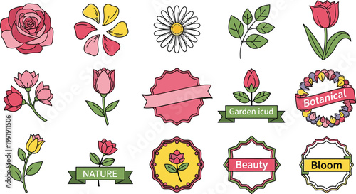 Floral Botanical Flower Badge Label Icon Set Rose Tulip Daisy Collection
