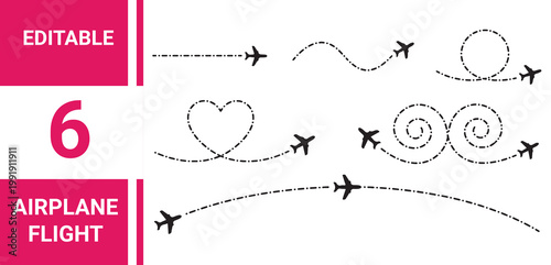 Airplane route with dotted flight path. Flying plane symbol with twisted, curved, straight and heart shape dashed trace path.