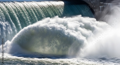Powerful Waterfall Flowing Over Dam.