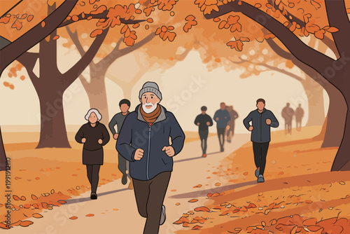 People jogging in a park with autumn leaves on the ground in the morning light with trees lining the pathway