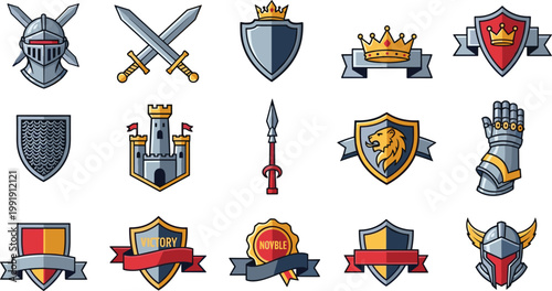 Medieval Shield Vector Set Knight Crown Castle Heraldry Icons
