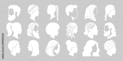 White Silhouette Side Profile Head Hairstyle Diversity Icon Set Collection