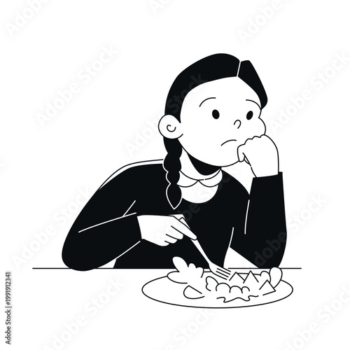 Girl Refusing to Eat - Black and White Flat Design Illustration