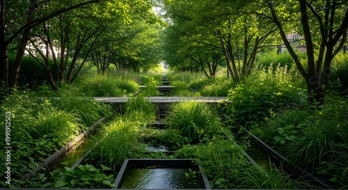 Serene forest water feature landscape design.