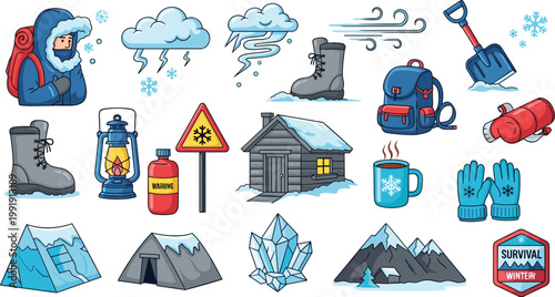 Winter Survival Camping Equipment Adventure Icon Set Isolated on White Background