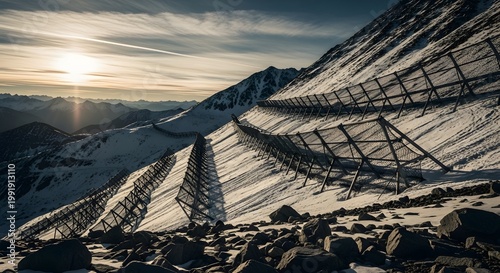 Solar panels on snowy mountain slope.