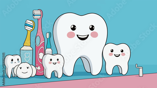Fun cartoon teeth characters with toothbrushes and dental tools in a colorful bathroom setting during daytime