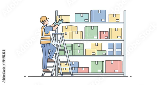 Worker on ladder in warehouse storage.