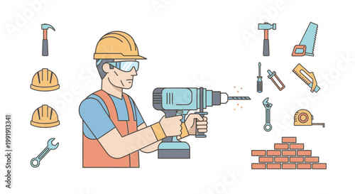 Construction worker holding a power drill with tools.