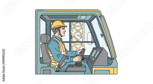 Construction worker operating heavy machinery in a cab.