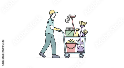 Professional cleaner pushing a cart full of cleaning supplies.