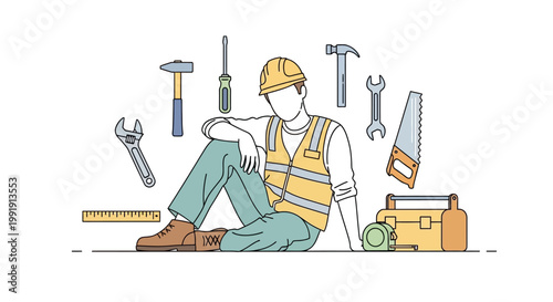 Construction worker resting with tools around him.