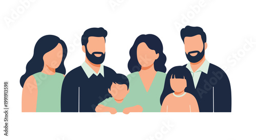Modern flat family portrait vector illustration, diverse multi-generational group of people, happy parents with children and grandparents