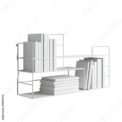 Modern white bookshelf with neatly organized books and storage baskets for home or office decor