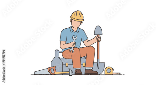 Man wearing hard hat sitting with tools.
