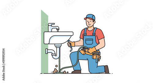 Plumber fixing a clogged sink with a drain snake tool.