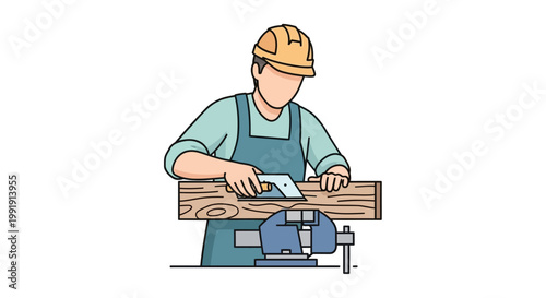 Man wearing hard hat working wood.