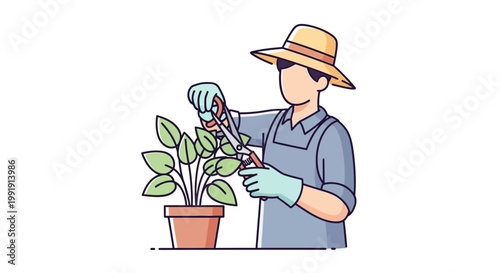 Gardener tending to a potted plant with pruning shears.