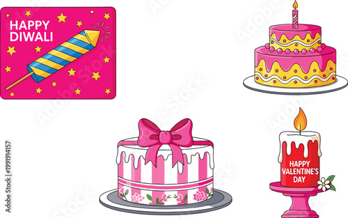 Festive celebration icon set with Diwali firecracker greeting, birthday cakes and Valentine’s Day candle decorative holiday vector illustration