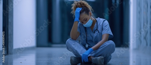 Exhausted Nurse Sitting on Floor After Long Shift Burnout Concept