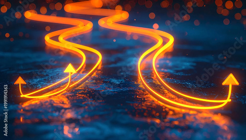 business roadmap whisk stirring floating arrow icons upward on a dark reflective blue surface, symbolizing progress.