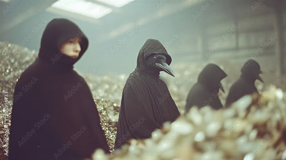 Fototapeta premium Woman in hooded cloak among figures with beak masks in misty warehouse. Surreal plague doctor inspired scene with golden piles for dark mystery and horror concepts.