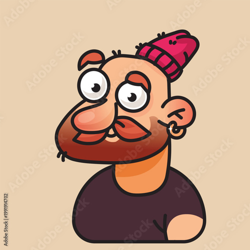 Funny Cartoon Bearded Man Character with Big Nose and Beanie Hat Vector Illustration
