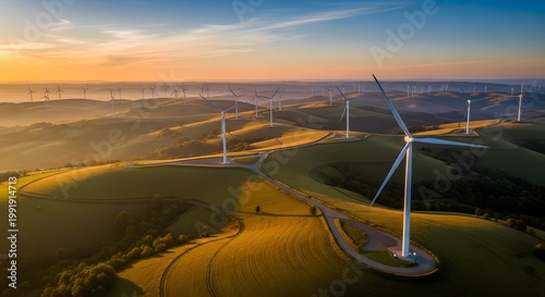 Wind turbines in green landscape at sunrise.