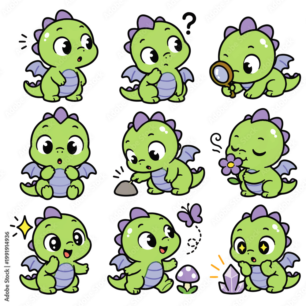Obraz premium cute curious baby dragon doodle character set